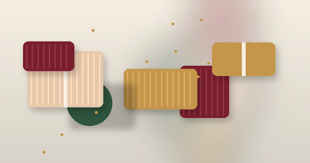 Abstract flat-lay of soft fabric-like shapes in cream, burgundy, gold and green tones