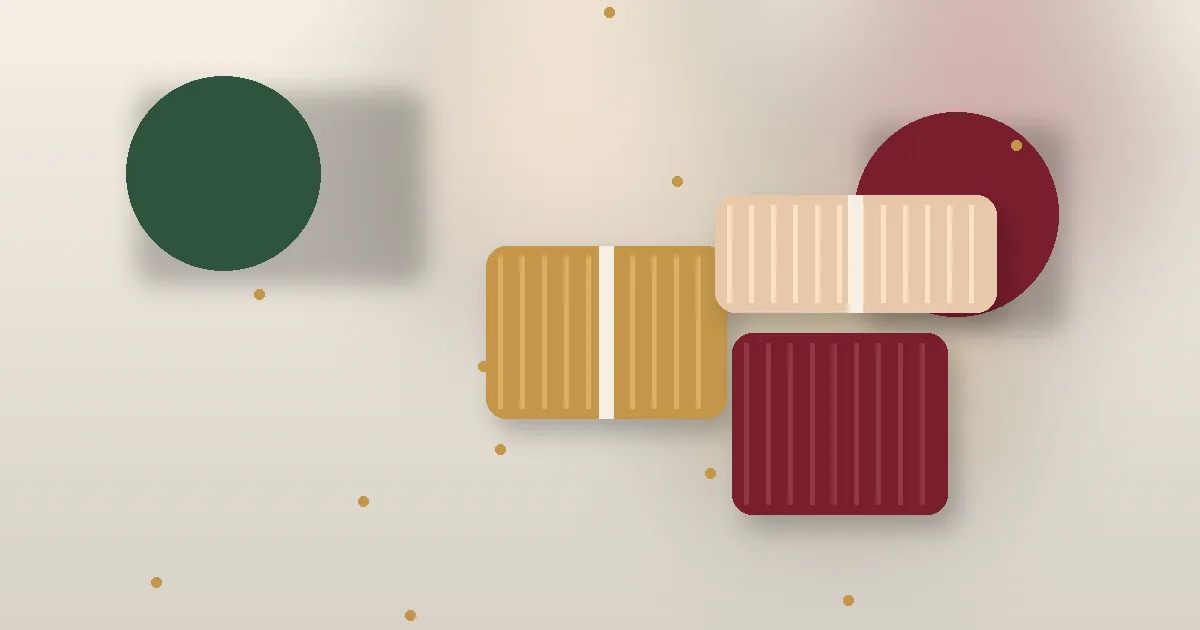 Abstract still life of a few rounded shapes and small boxes in warm cream, wine and green tones