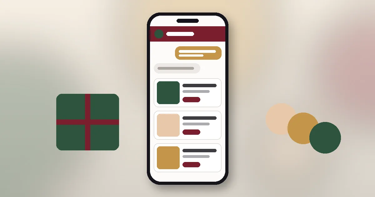 Phone mockup of a concierge chat with gift result cards beside soft abstract shapes