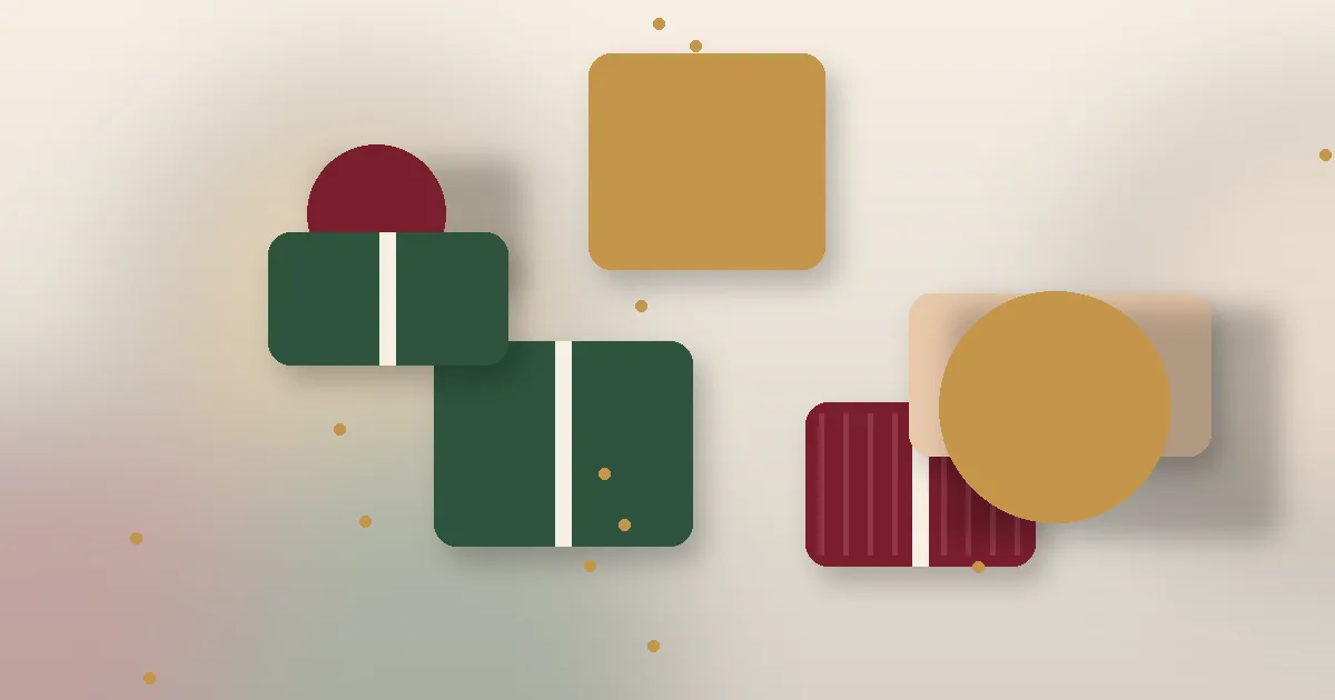 Abstract still life of boxes and rounded shapes in warm cream, wine and gold tones