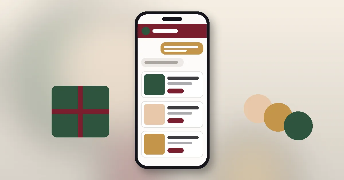 Phone mockup of a concierge chat with gift result cards beside soft abstract shapes